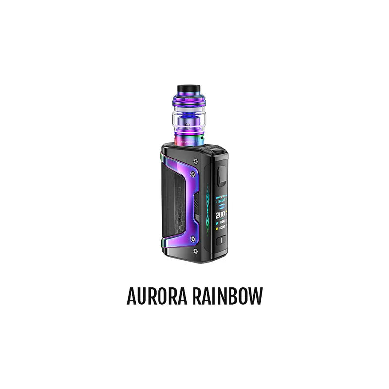 Vape device with 'Aurora Rainbow' branding on a white background