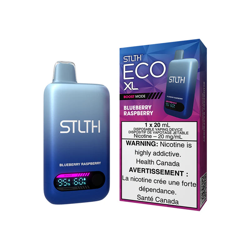 STLTH Eco XL vape device and packaging with blueberry raspberry flavor on a white background