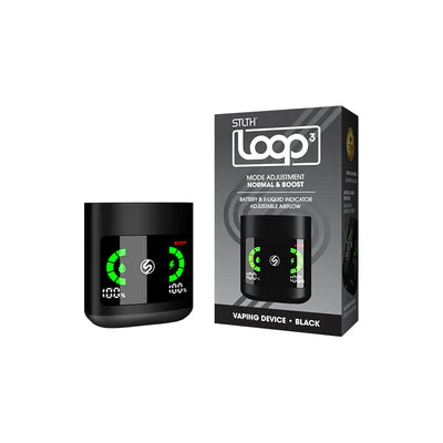 Black vaping device with green display and packaging labeled 'Loop' on a white background