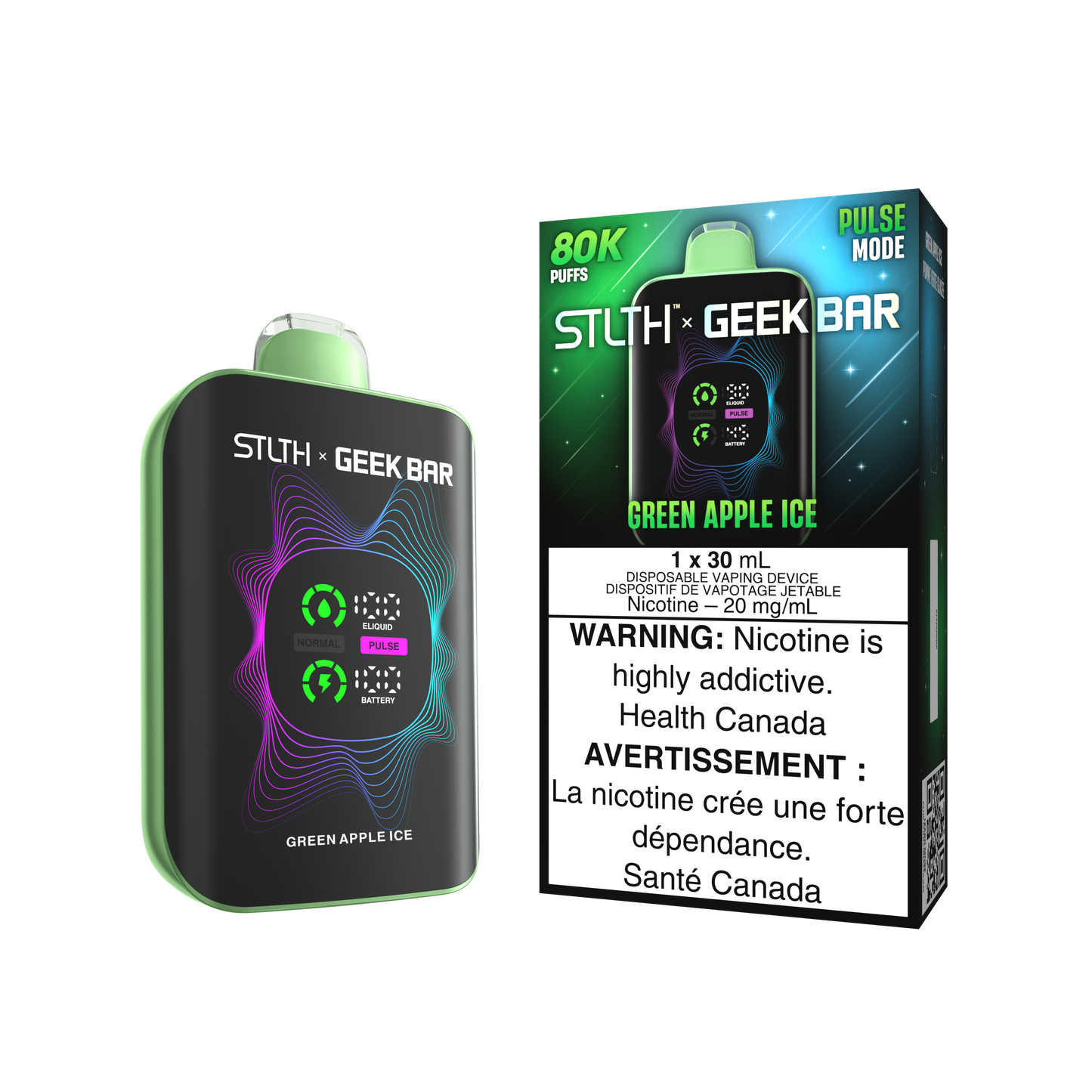 STLTH X Geekbar 80K Green Apple Ice disposable vape – tart apple candy taste, fresh icy hit in Quebec and Toronto.