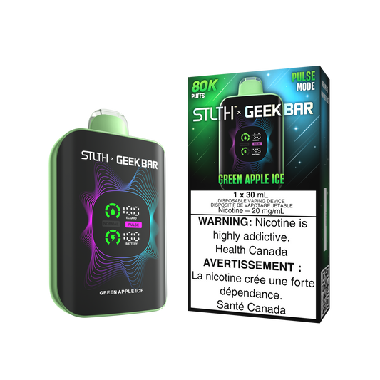 STLTH X Geekbar 80K Green Apple Ice disposable vape – tart apple candy taste, fresh icy hit in Quebec and Toronto.