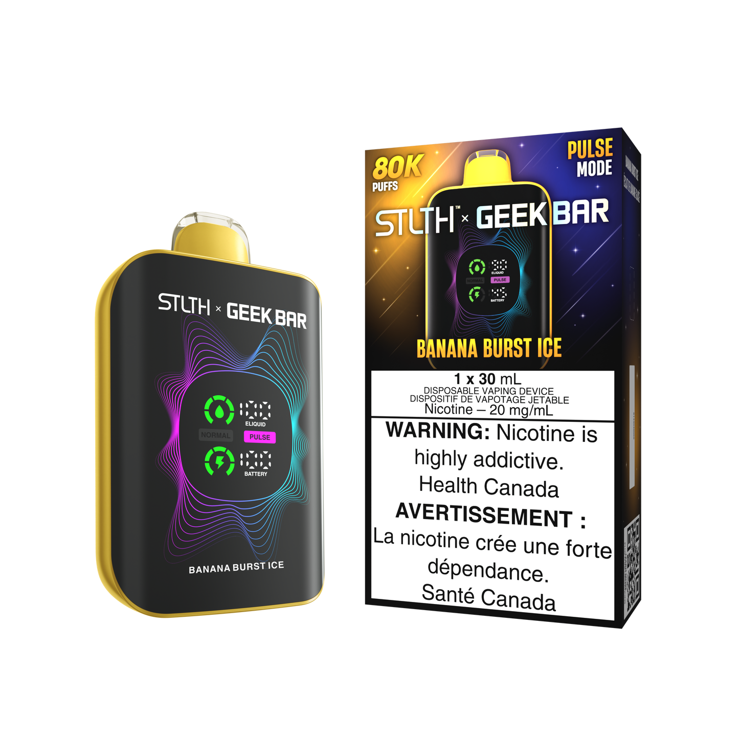 STLTH X Geekbar 80K Banana Burst Ice disposable vape – sweet creamy banana flavour available in Quebec and Toronto.
