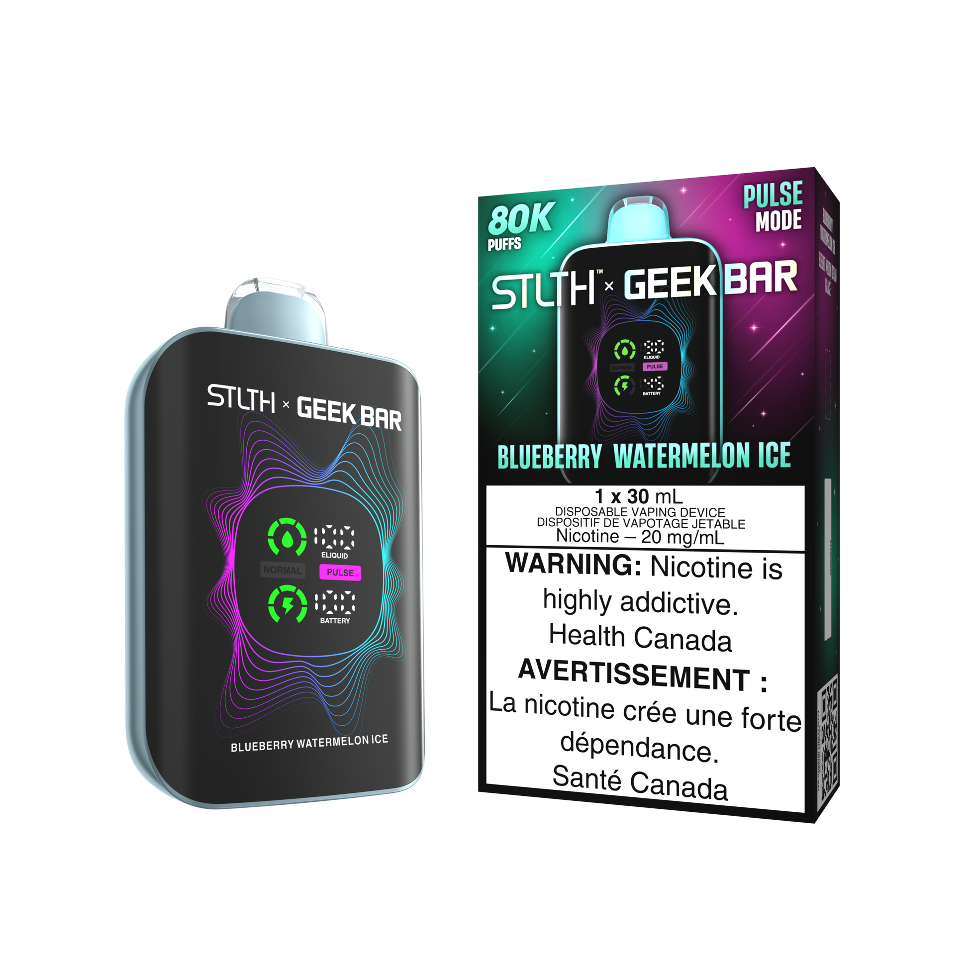 STLTH X Geekbar 80K Blueberry Watermelon Ice disposable vape – fruity, icy flavour sold in Quebec and Toronto.