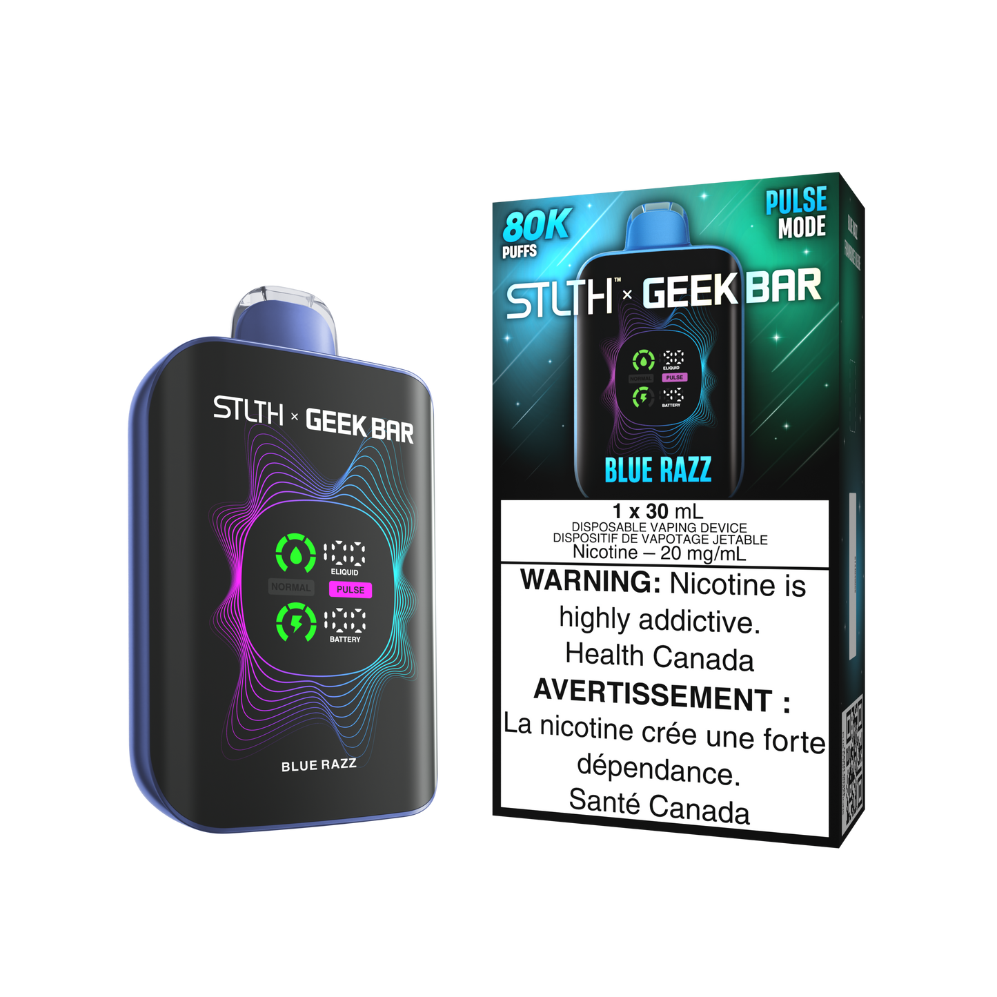 STLTH X Geekbar 80K Blue Razz disposable vape – tangy blue raspberry flavour for vapers in Quebec and Toronto.