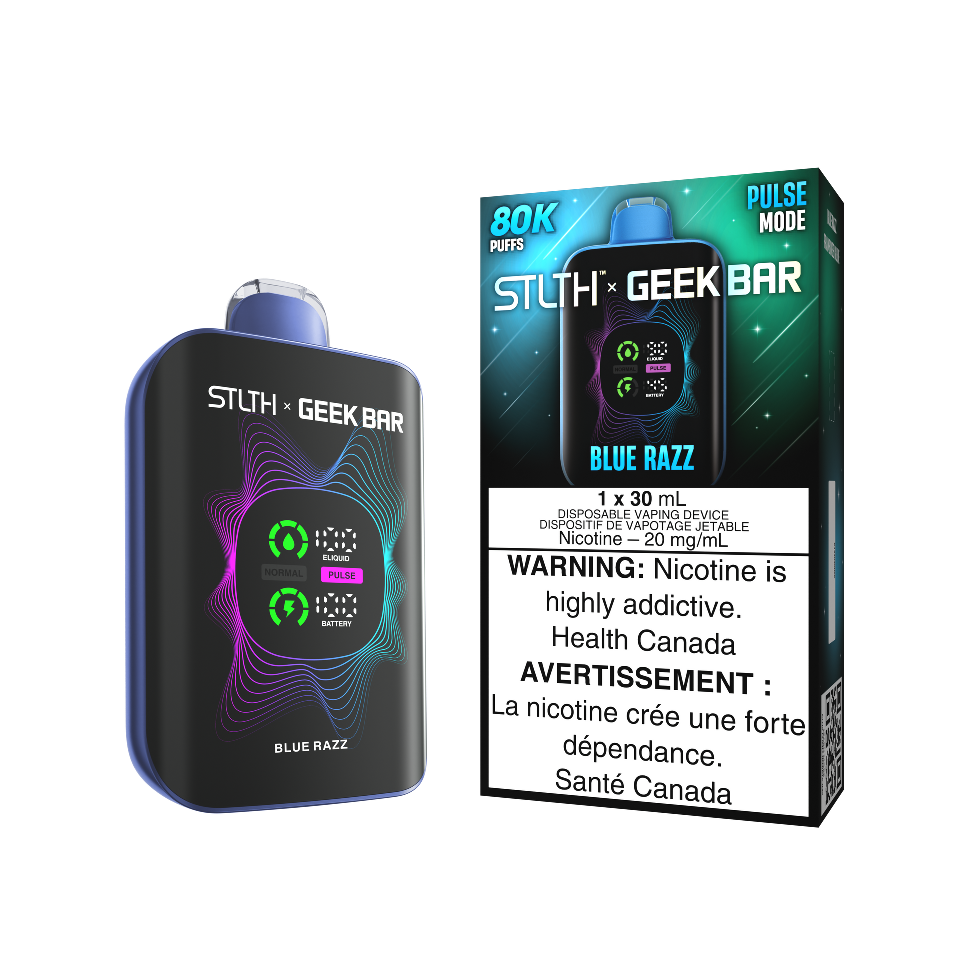 STLTH X Geekbar 80K Blue Razz disposable vape – tangy blue raspberry flavour for vapers in Quebec and Toronto.