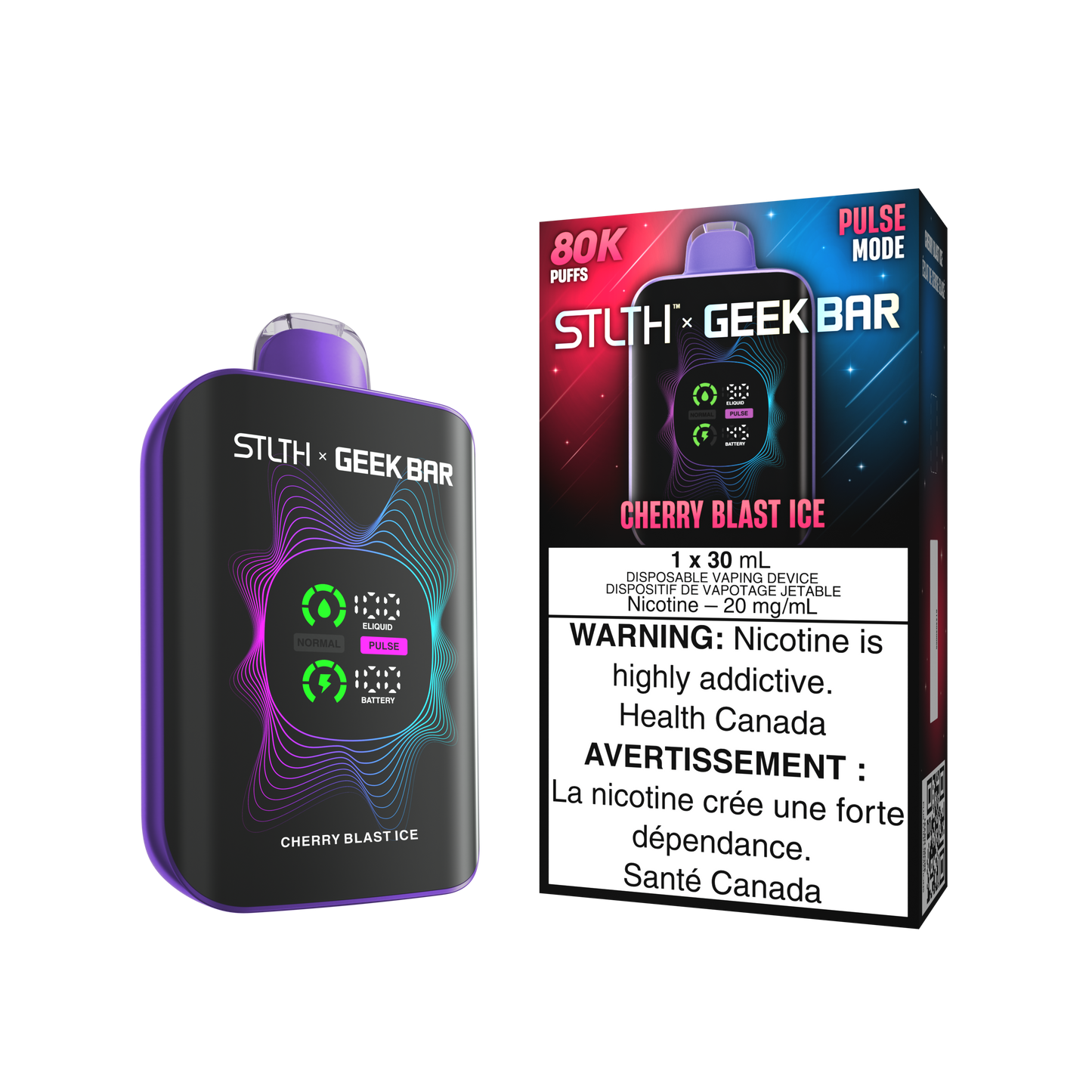 STLTH X Geekbar 80K Cherry Blast Ice disposable vape – bold cherry with menthol hit, popular in Quebec and Toronto.