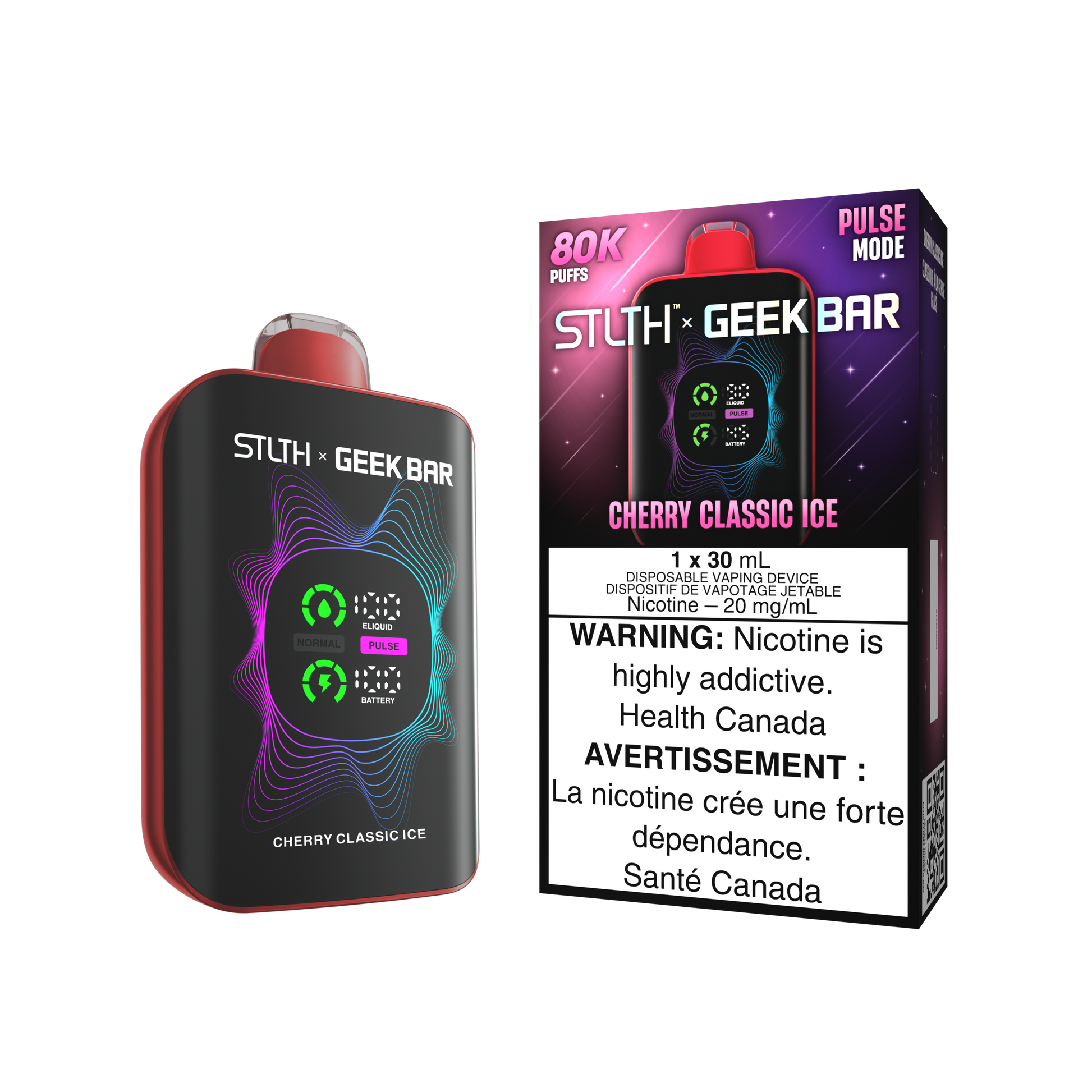 STLTH X Geekbar 80K Cherry Classic Ice disposable vape – authentic cherry flavour with icy finish in Quebec and Toronto.