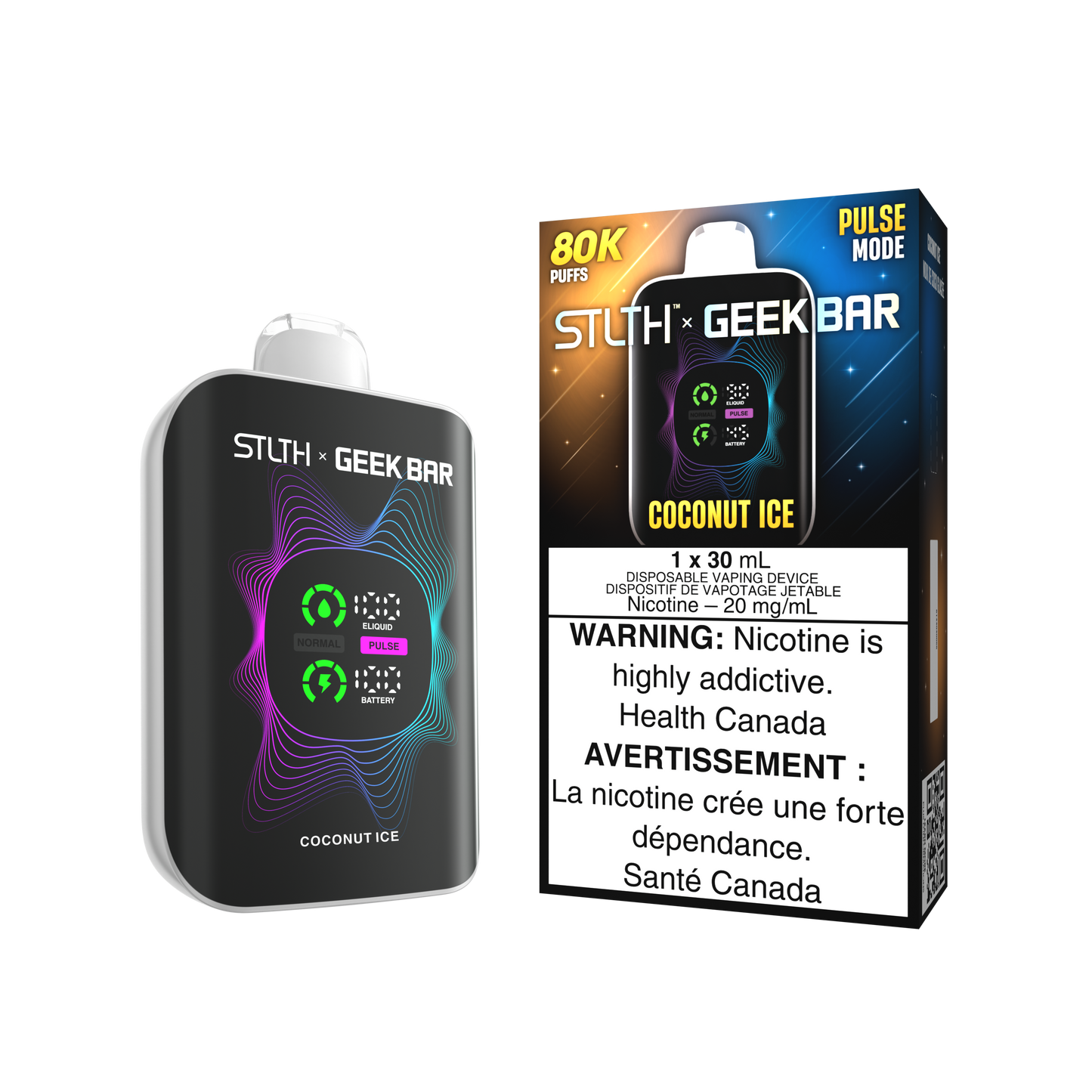 STLTH X Geekbar 80K Coconut Ice disposable vape – creamy tropical coconut with menthol chill, Quebec and Toronto.