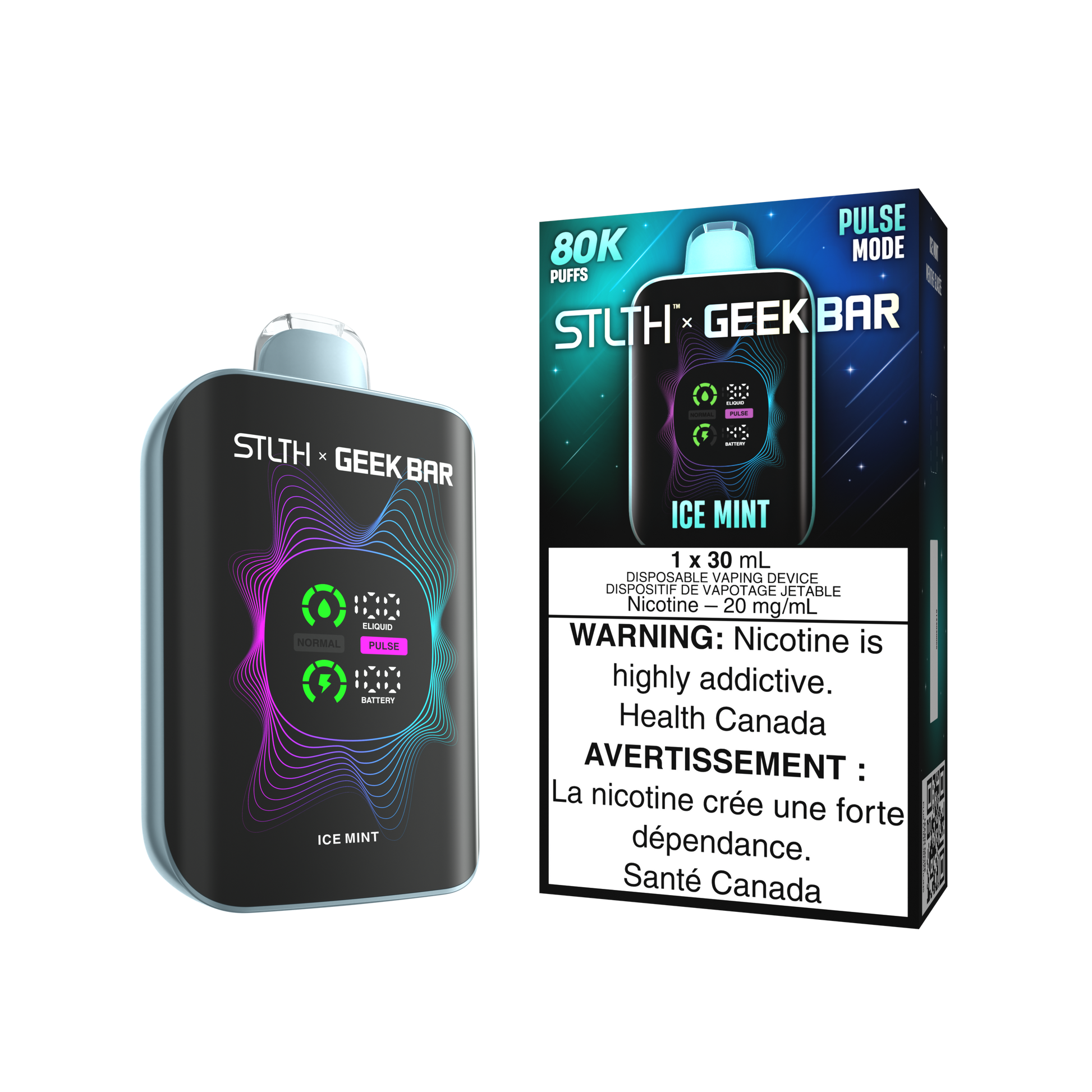 STLTH X Geekbar 80K Ice Mint disposable vape – clean, crisp mint flavour with cool exhale, Quebec and Toronto.