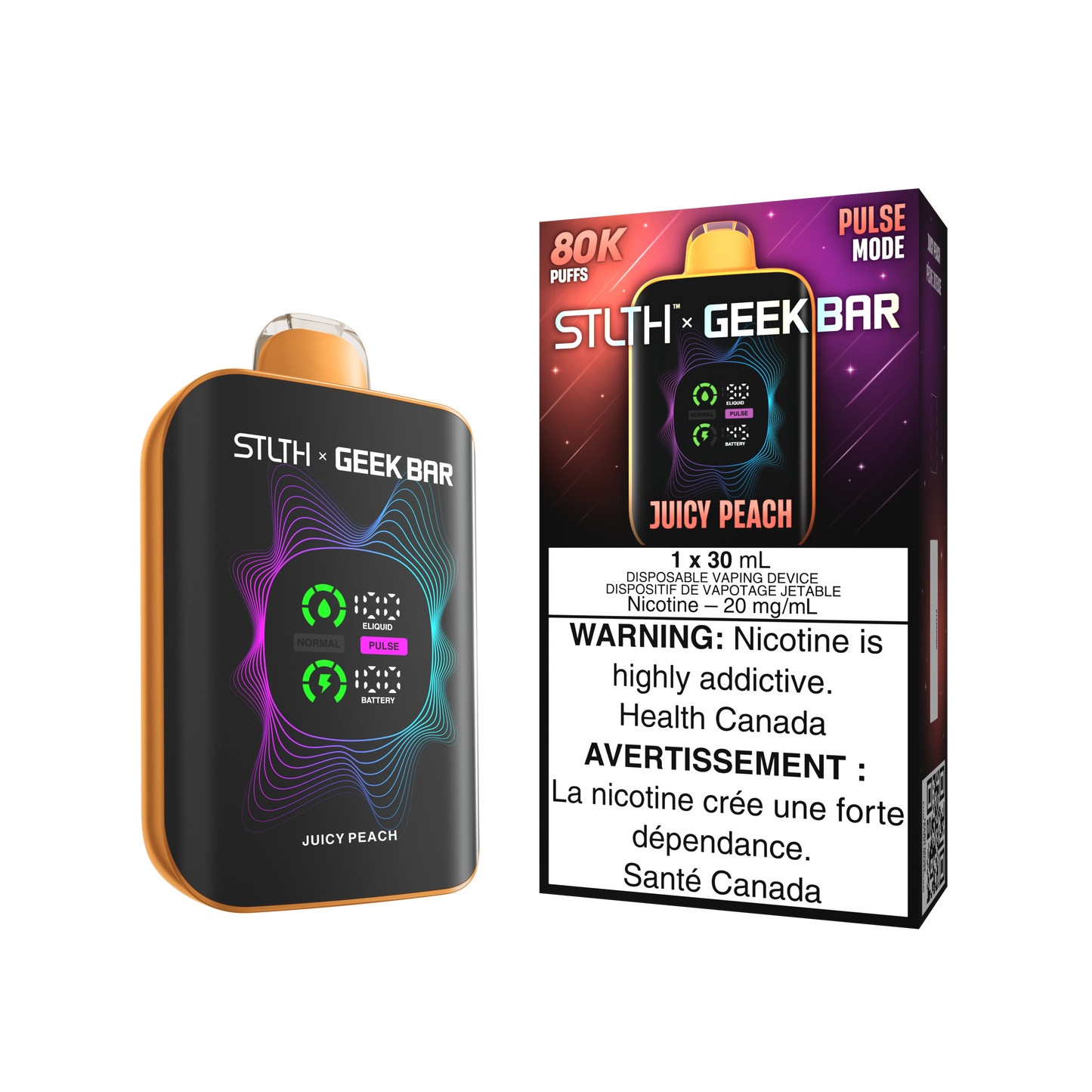 STLTH X Geekbar 80K Juicy Peach disposable vape – sweet ripe peach flavour enjoyed by vapers in Quebec and Toronto.