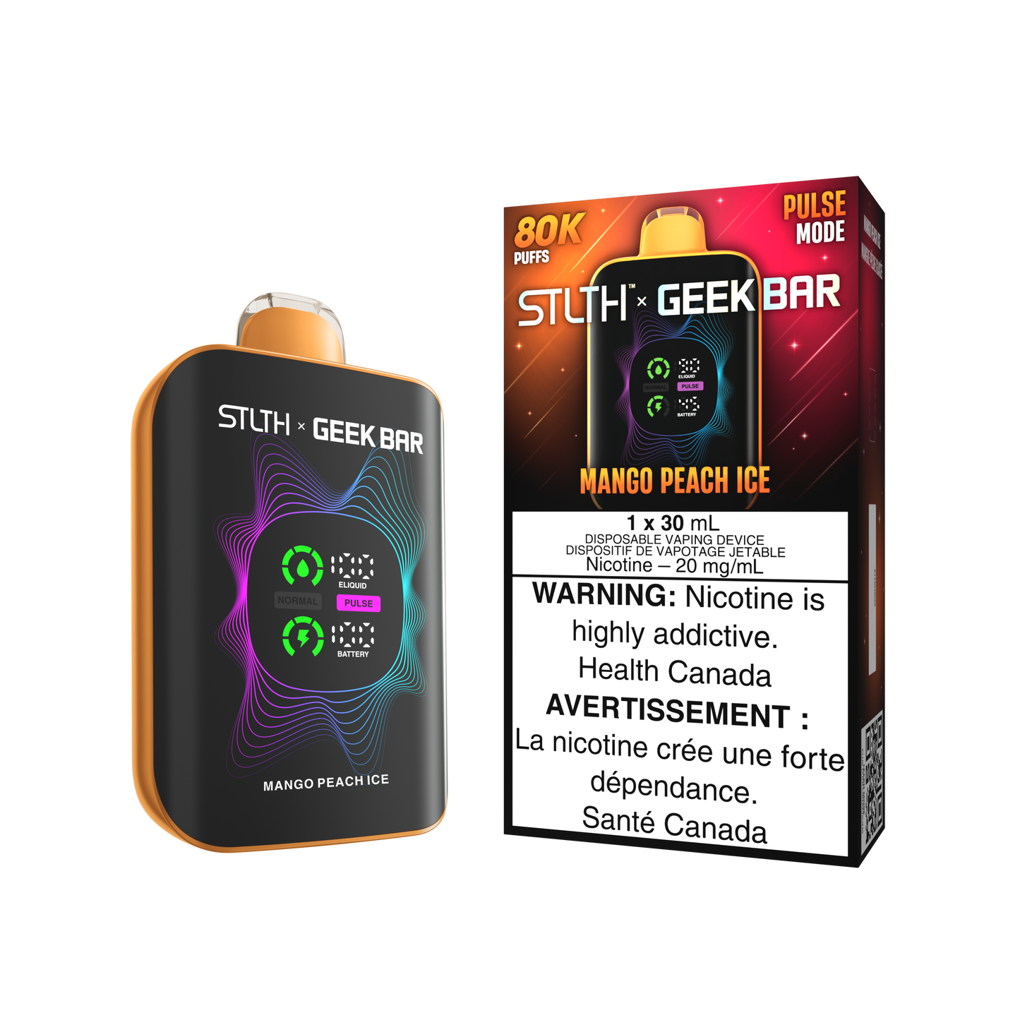 STLTH X Geekbar 80K Mango Peach Ice disposable vape – tropical mango and peach mix with icy twist, Quebec and Toronto.