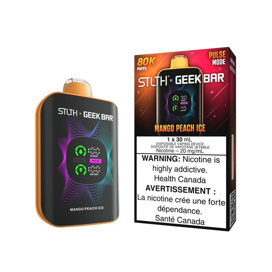 STLTH X Geekbar 80K Mango Peach Ice disposable vape – tropical mango and peach mix with icy twist, Quebec and Toronto.