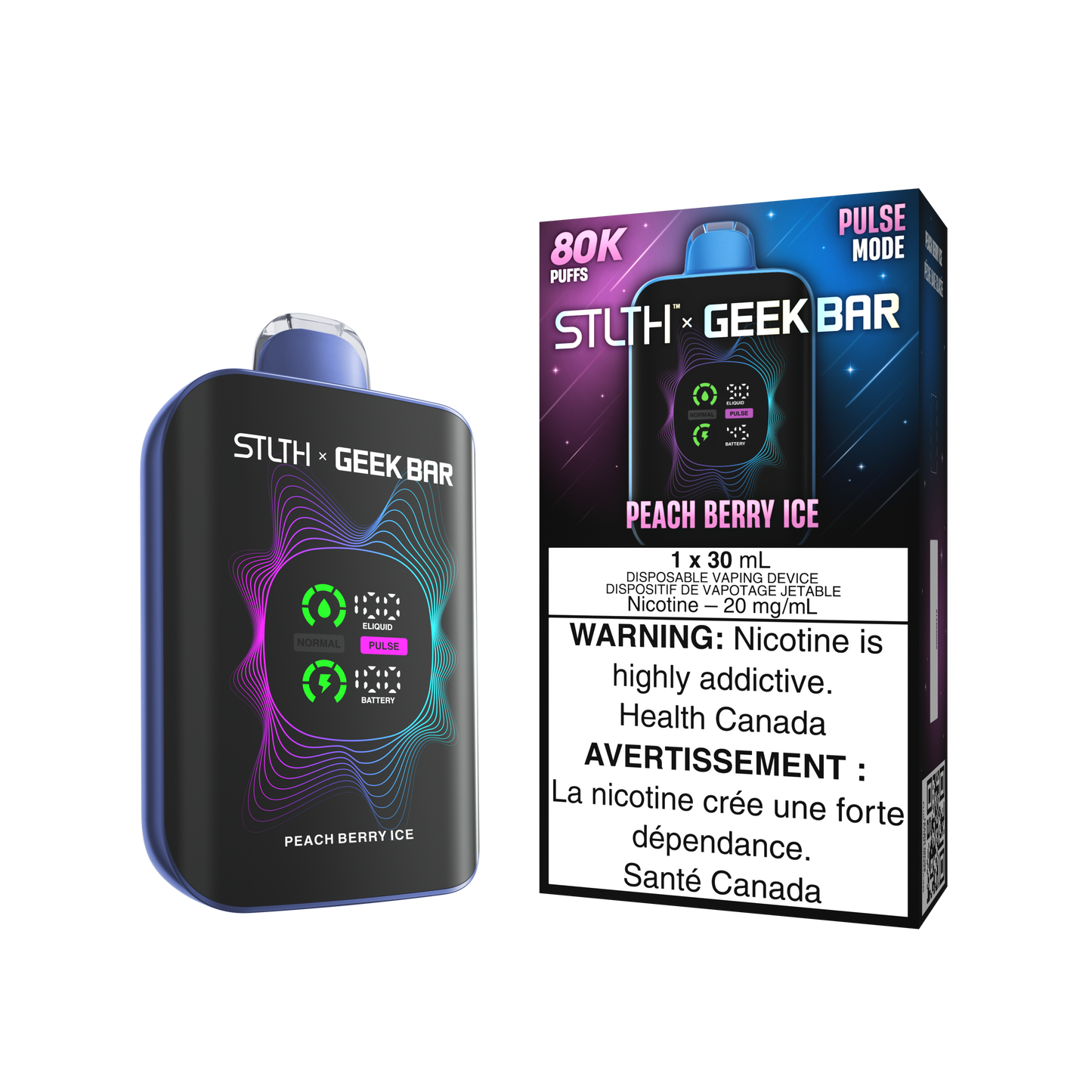 STLTH X Geekbar 80K Peach Berry Ice disposable vape – sweet peach and berry combo, refreshing vape in Quebec and Toronto.