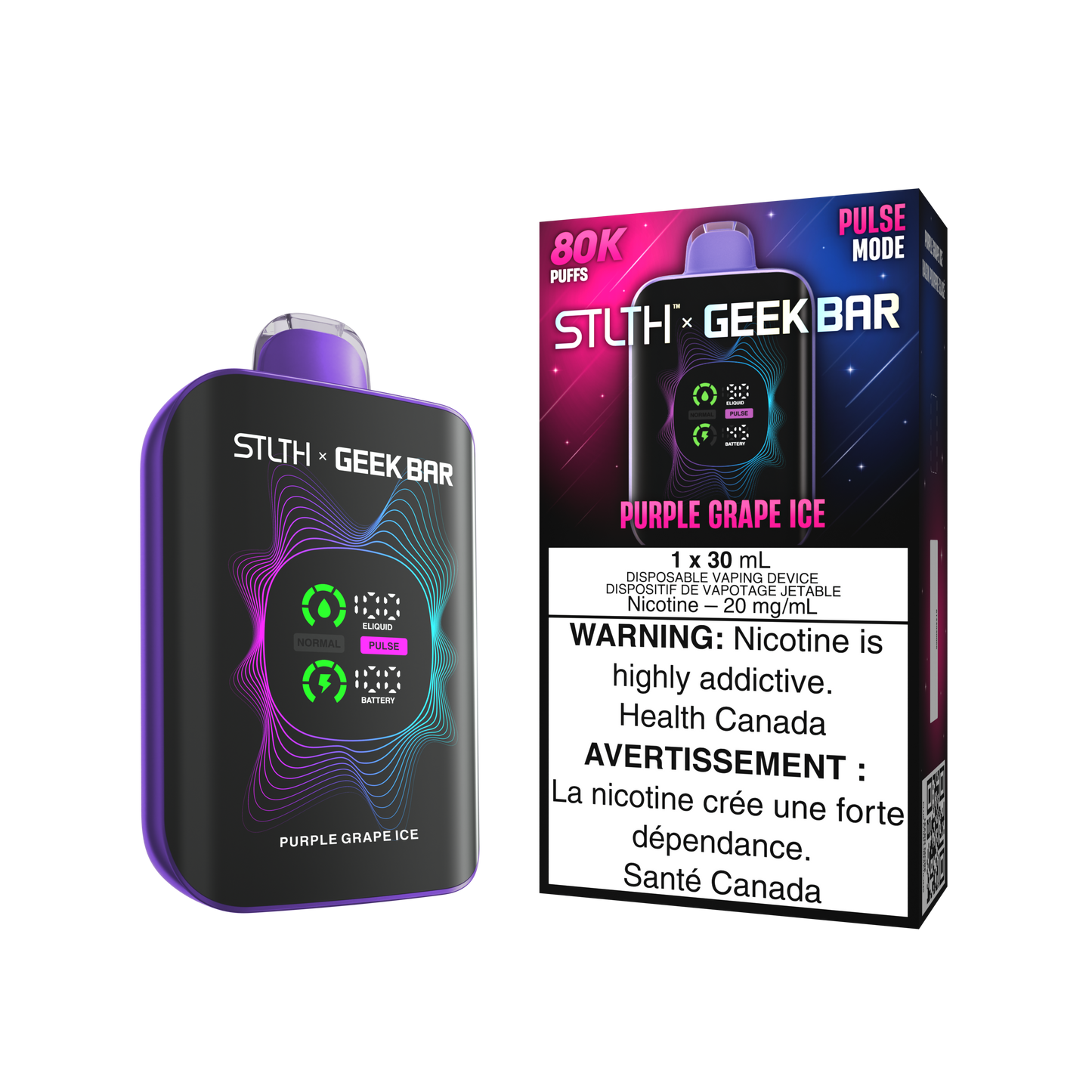 STLTH X Geekbar 80K Purple Grape Ice disposable vape – candy grape flavour with icy finish in Quebec and Toronto.