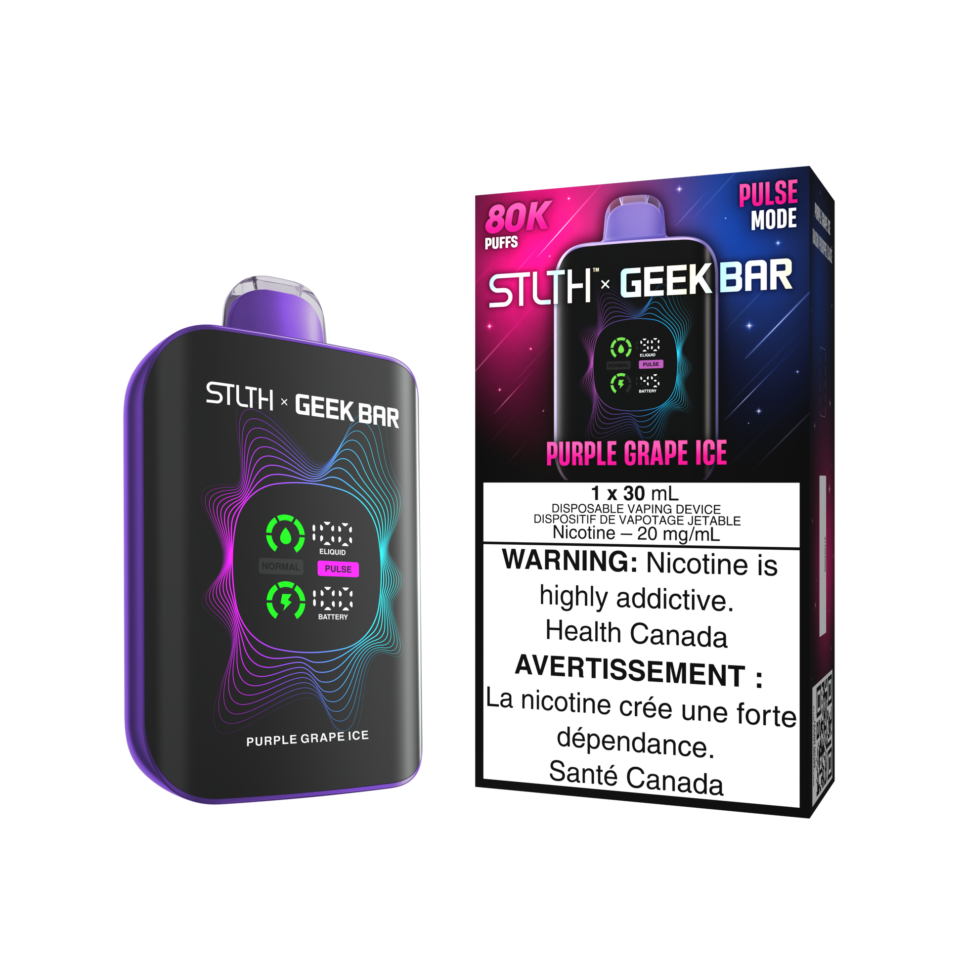 STLTH X Geekbar 80K Purple Grape Ice disposable vape – candy grape flavour with icy finish in Quebec and Toronto.