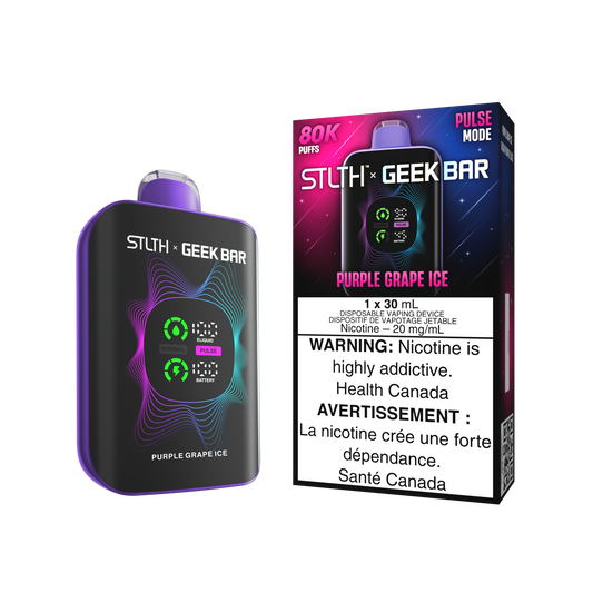 STLTH X Geekbar 80K Purple Grape Ice disposable vape – candy grape flavour with icy finish in Quebec and Toronto.