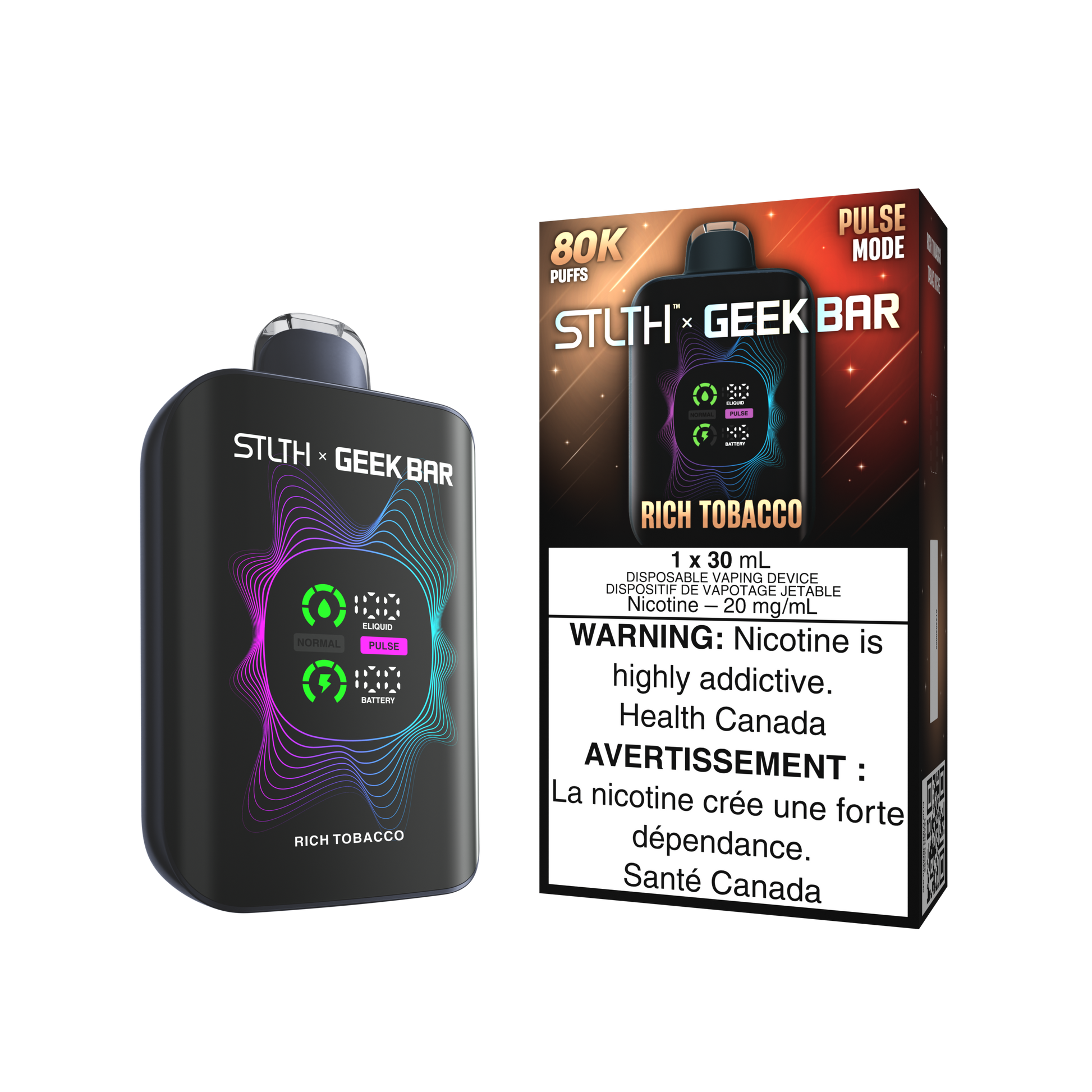 STLTH X Geekbar 80K Rich Tobacco Ice disposable vape – smooth tobacco menthol flavour, Quebec and Toronto vape shops.