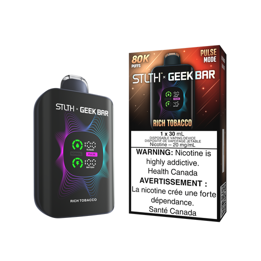 STLTH X Geekbar 80K Rich Tobacco Ice disposable vape – smooth tobacco menthol flavour, Quebec and Toronto vape shops.