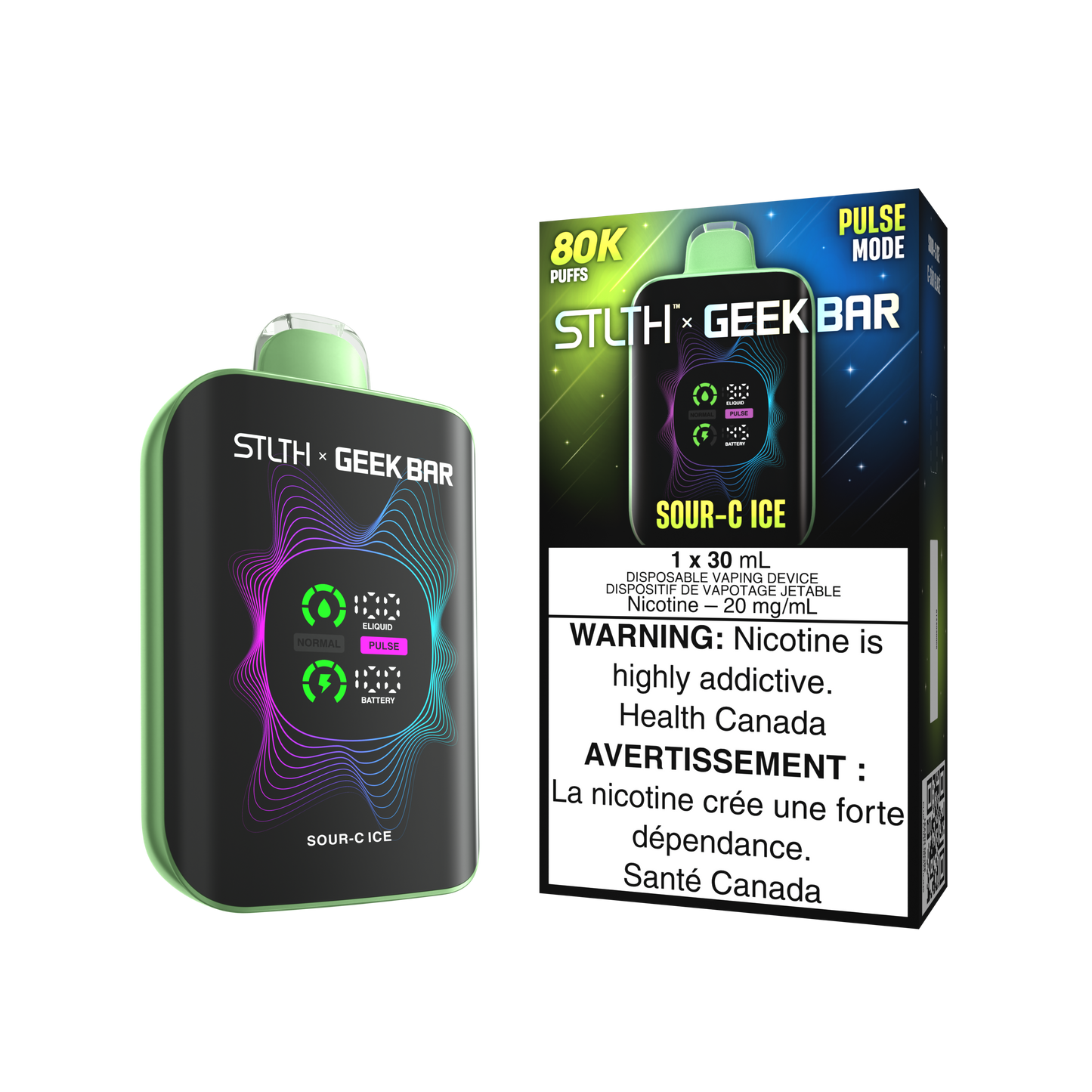 STLTH X Geekbar 80K Sour C Ice disposable vape – tangy sour citrus candy with cooling hit in Quebec and Toronto.