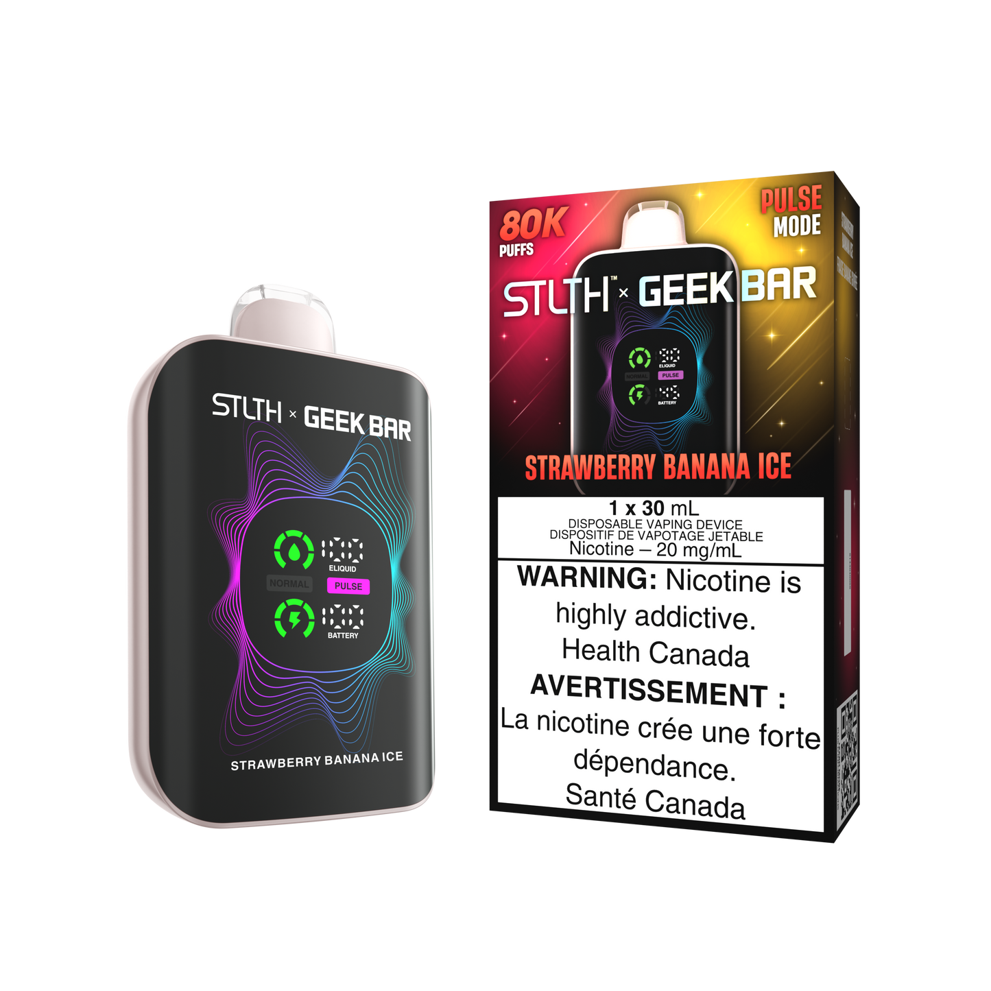 STLTH X Geekbar 80K Strawberry Banana Ice disposable vape – creamy banana and strawberry blend, Quebec and Toronto.