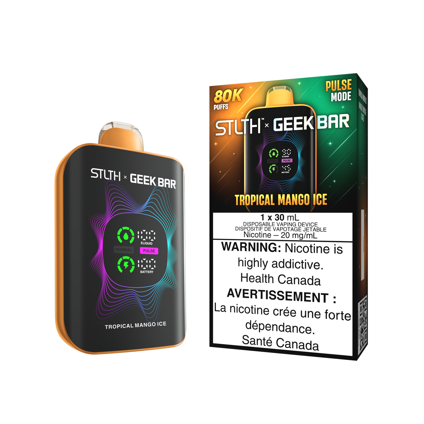 STLTH X Geekbar 80K Tropical Mango Ice disposable vape – juicy tropical mango with icy finish, Quebec and Toronto.