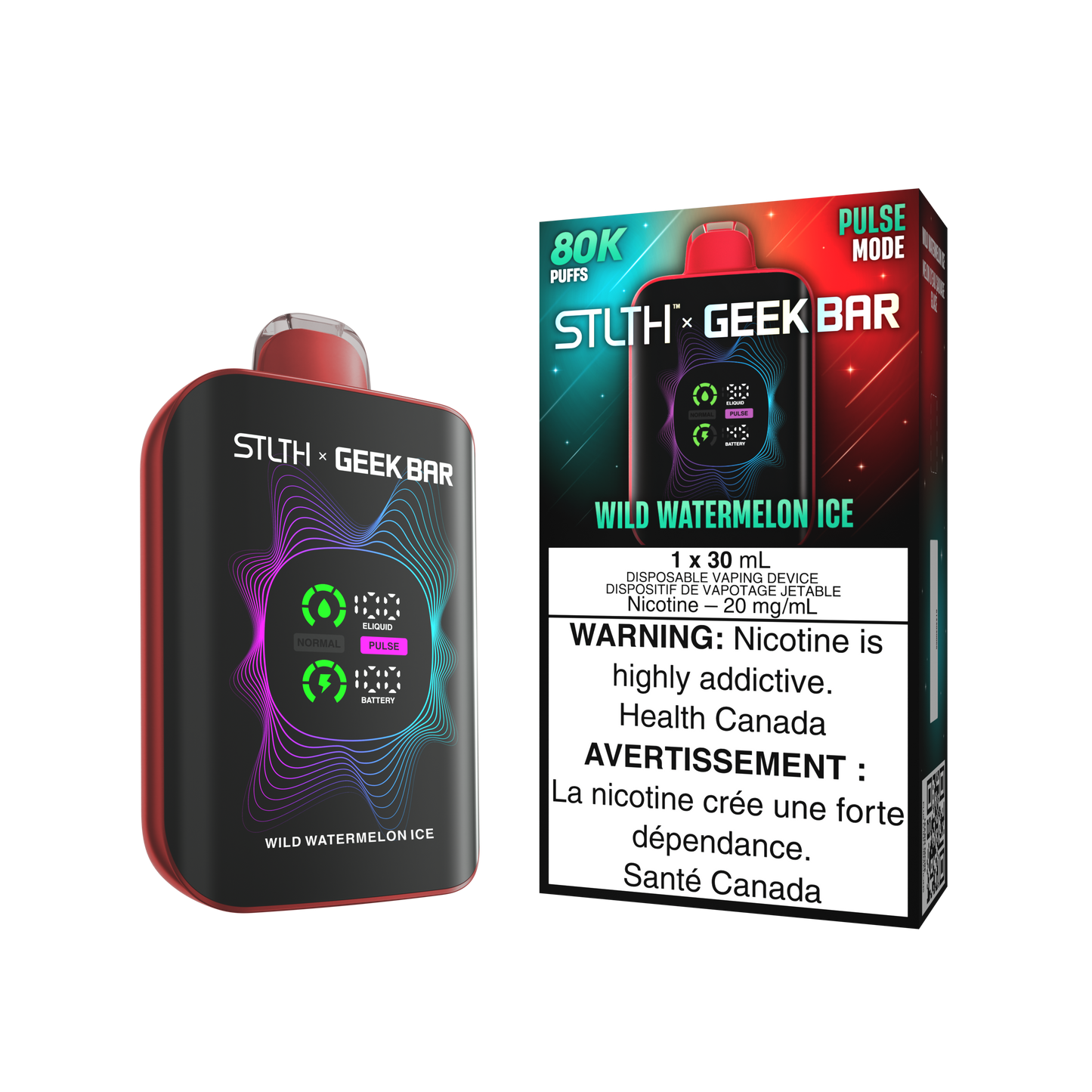 STLTH X Geekbar 80K Wild Watermelon Ice disposable vape – sweet juicy watermelon chill, Quebec and Toronto vapers.