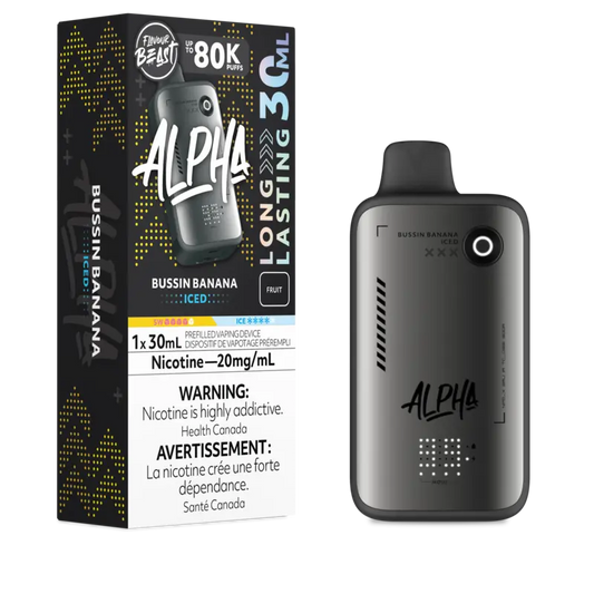 Alpha vape device and packaging on a white background
