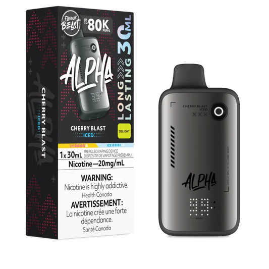 Alpha Cherry Blast vape device and packaging on a white background