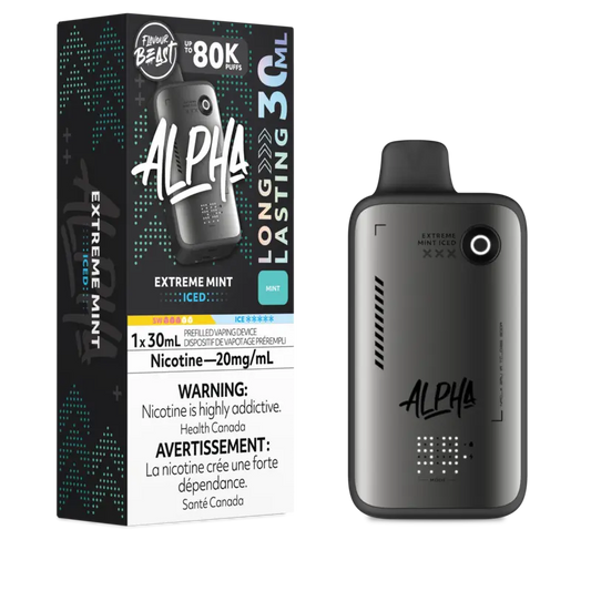 Alpha vape device with packaging on a white background