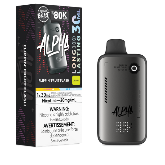 Alpha vape device with packaging on a white background