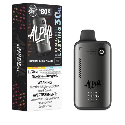 Alpha vaping device with packaging on a white background