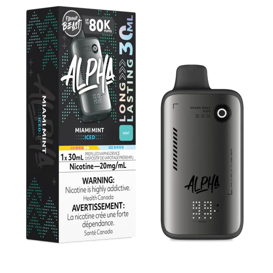 Alpha vape device with packaging on a white background