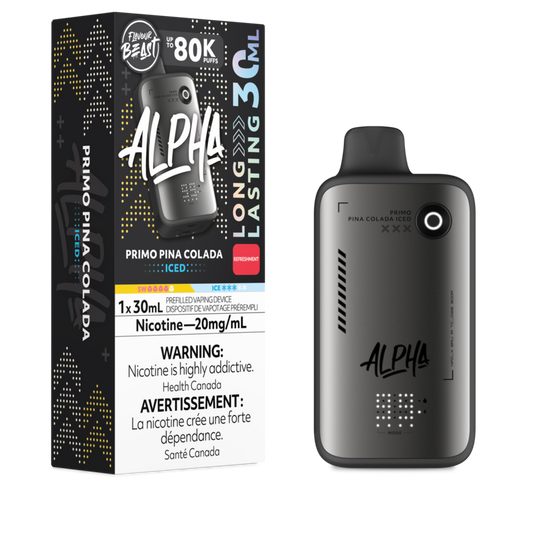 Alpha vape device with packaging on a white background