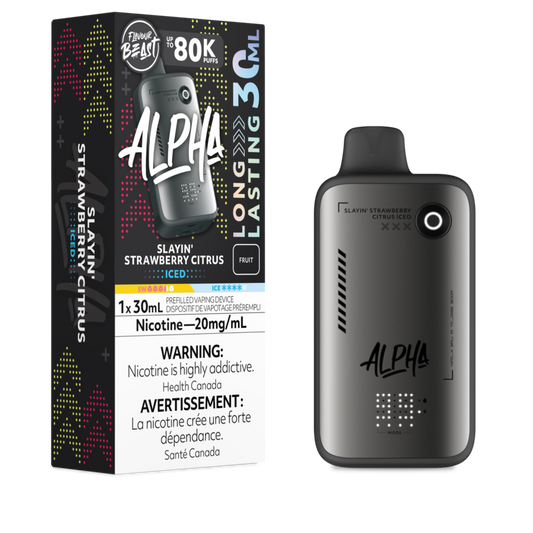 Vape device with 'Alpha' branding and packaging on a white background