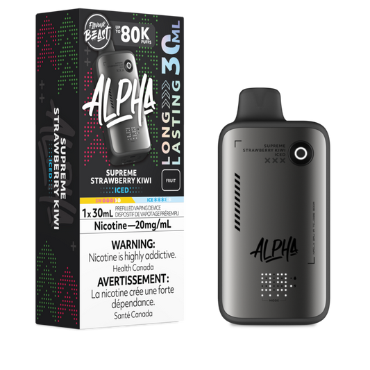 Alpha vape device with packaging on a white background
