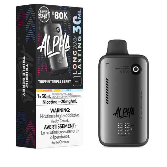 Alpha vaping device and packaging on a white background