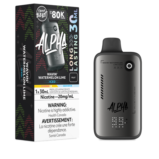 Alpha vape device with packaging on a white background