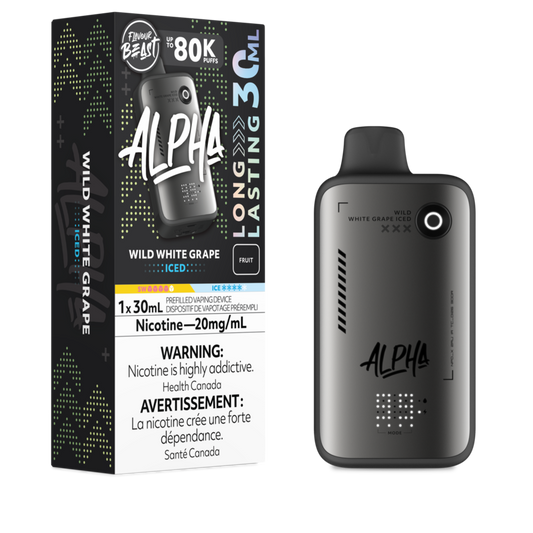 Alpha vape device and packaging on a white background