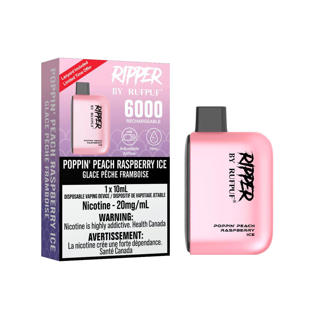 RUFPUF RIPPER 6000 DISPOSABLE - POPPIN' PEACH RASPBERRY ICE