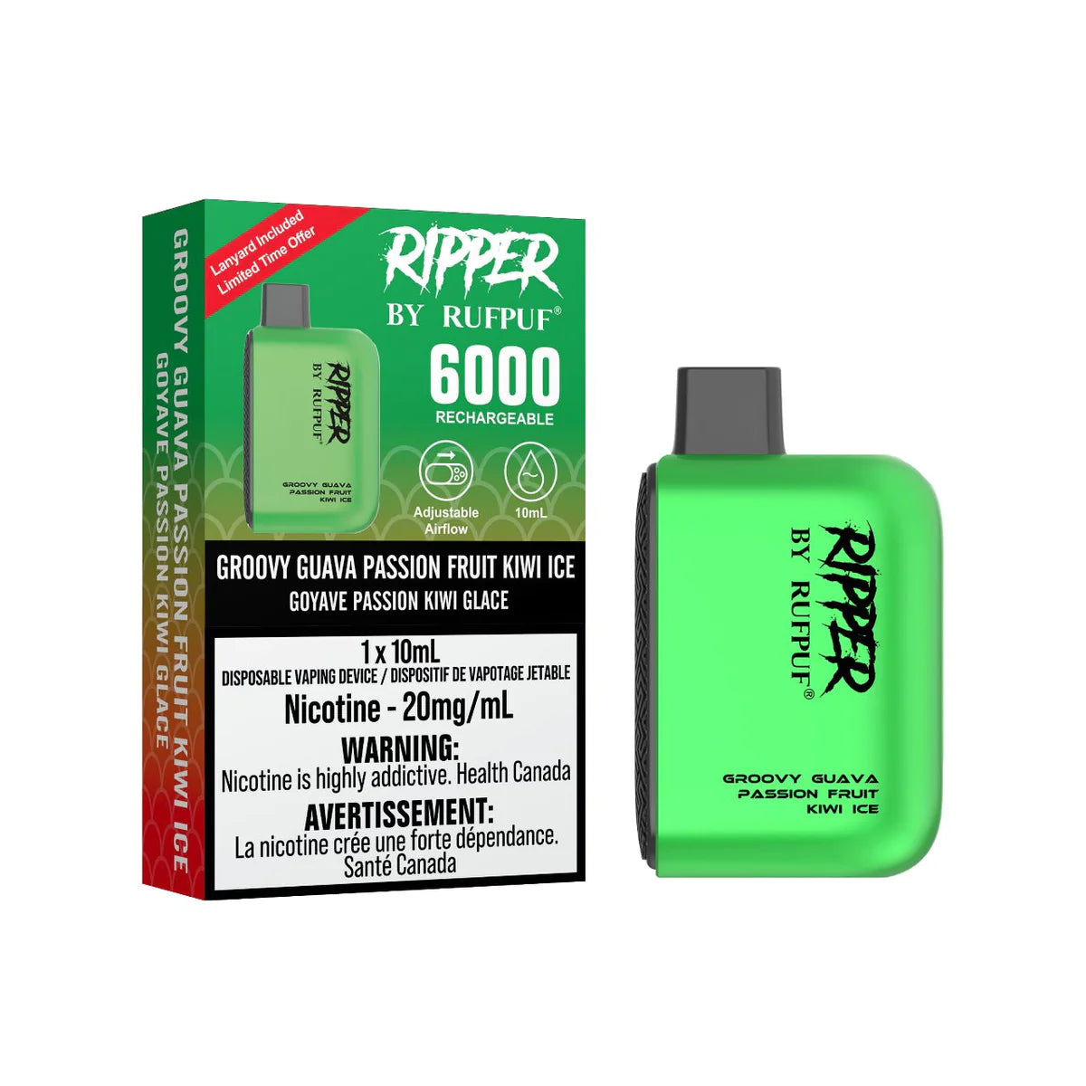 RUFPUF RIPPER 6000 DISPOSABLE - GROOVY GUAVA PASSIONFRUIT KIWI ICE | Buy Online | Best Vaping Experience | Long-Lasting Flavor & Performance