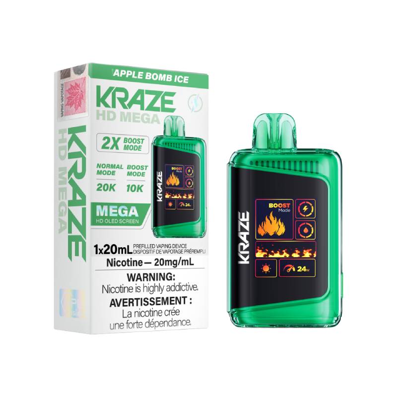 KRAZE HD MEGA DISPOSABLE VAPE - APPLE BOMB ICE, 20000 PUFFS