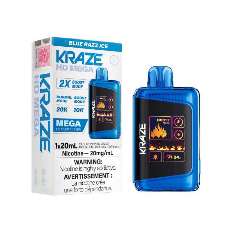 KRAZE HD MEGA DISPOSABLE VAPE - BLUE RAZZ ICE, 20000 PUFFS