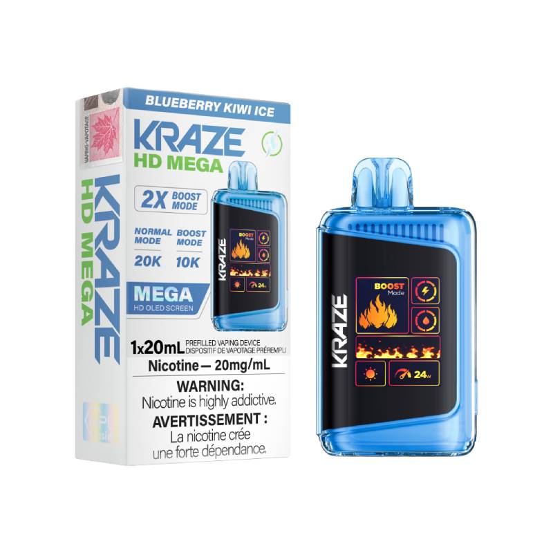 KRAZE HD MEGA DISPOSABLE VAPE - BLUEBERRY KIWI ICE, 20000 PUFFS | Buy Online | Best Vaping Experience | Long-Lasting Flavor & Performance