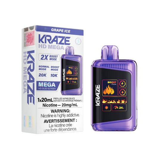 KRAZE HD MEGA DISPOSABLE VAPE - GRAPE ICE, 20000 PUFFS | Buy Online | Best Vaping Experience | Long-Lasting Flavor & Performance