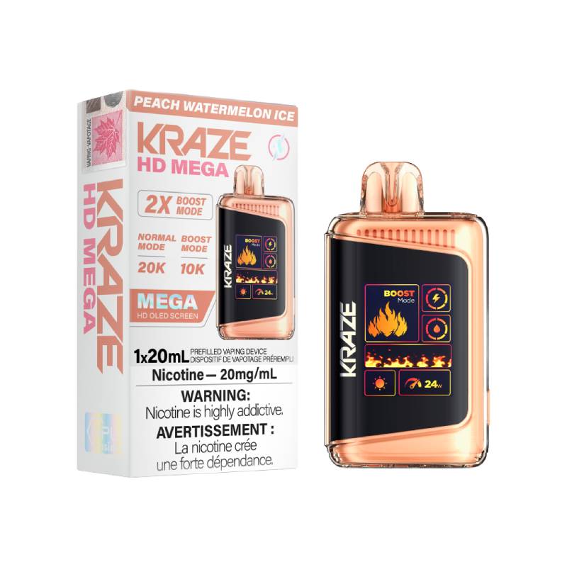 KRAZE HD MEGA DISPOSABLE VAPE - PEACH WATERMELON ICE, 20000 PUFFS