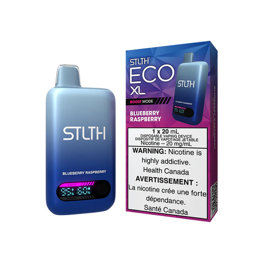 STLTH Eco XL vape device and packaging with blueberry raspberry flavor on a white background