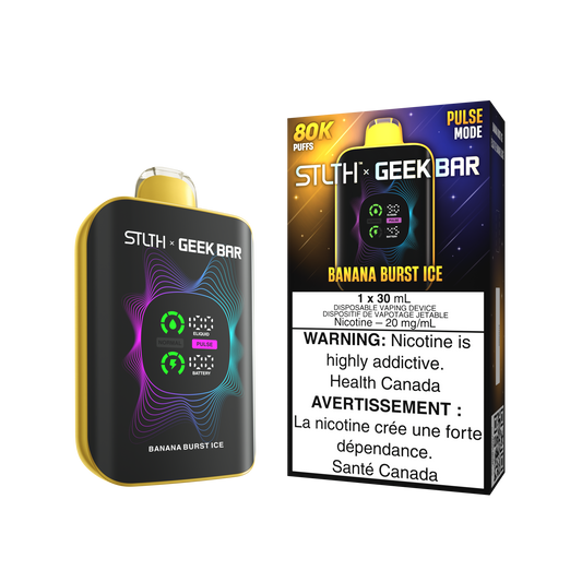 STLTH X Geekbar 80K Banana Burst Ice disposable vape – sweet creamy banana flavour available in Quebec and Toronto.
