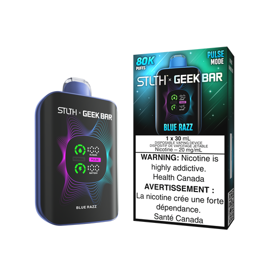 STLTH X Geekbar 80K Blue Razz disposable vape – tangy blue raspberry flavour for vapers in Quebec and Toronto.