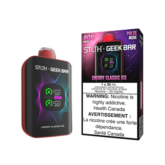 STLTH X Geekbar 80K Cherry Classic Ice disposable vape – authentic cherry flavour with icy finish in Quebec and Toronto.