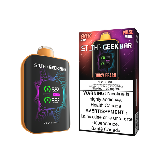 STLTH X Geekbar 80K Juicy Peach disposable vape – sweet ripe peach flavour enjoyed by vapers in Quebec and Toronto.